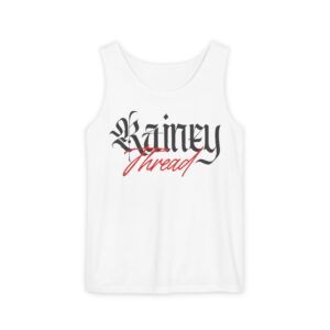 unisex garment dyed tank top with rainey thread design, casual summer wear, beach vibes, gift for him/her, yoga top