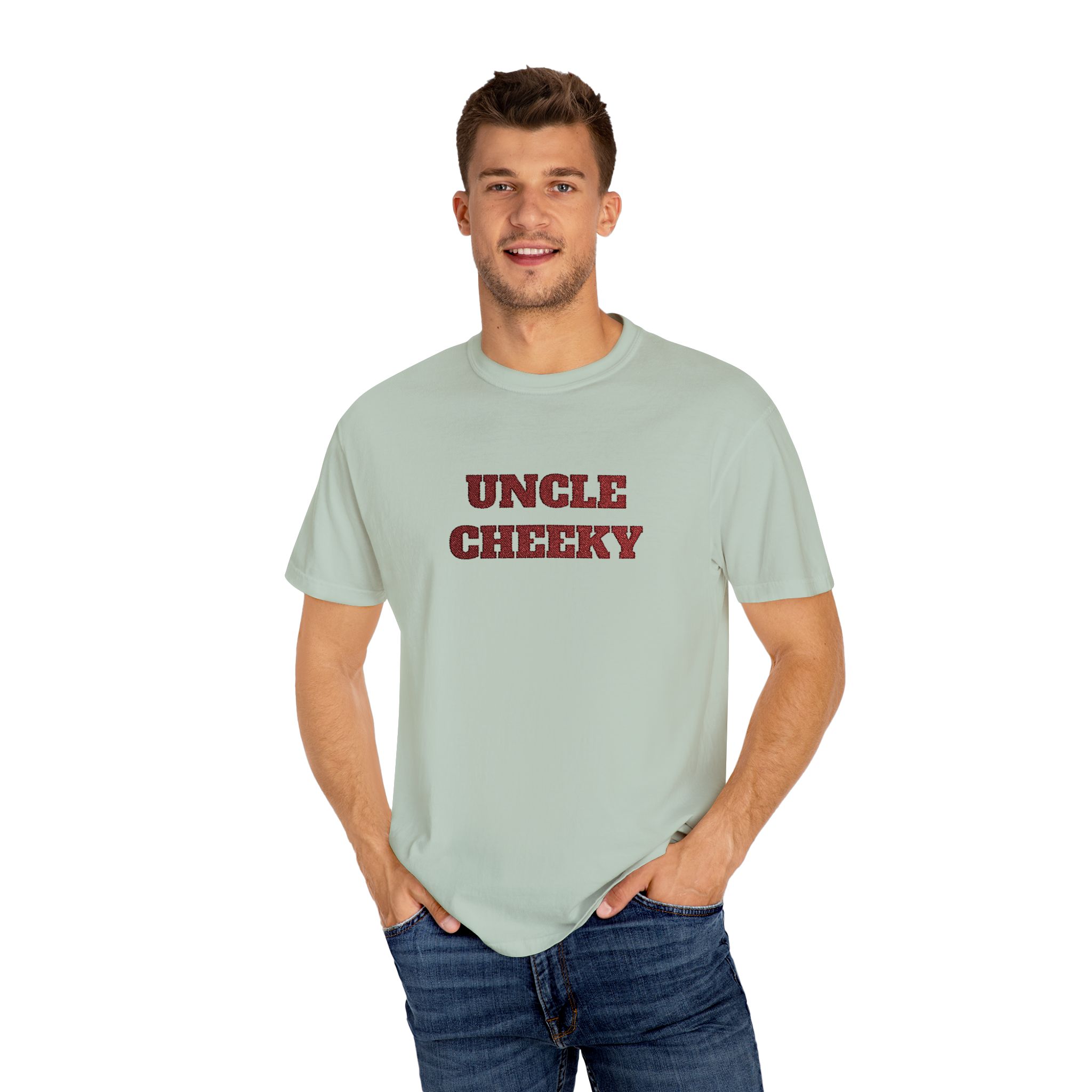 uncle cheeky embroidered unisex garment dyed t shirt uncle cheeky embroidered unisex garment dyed t shirt