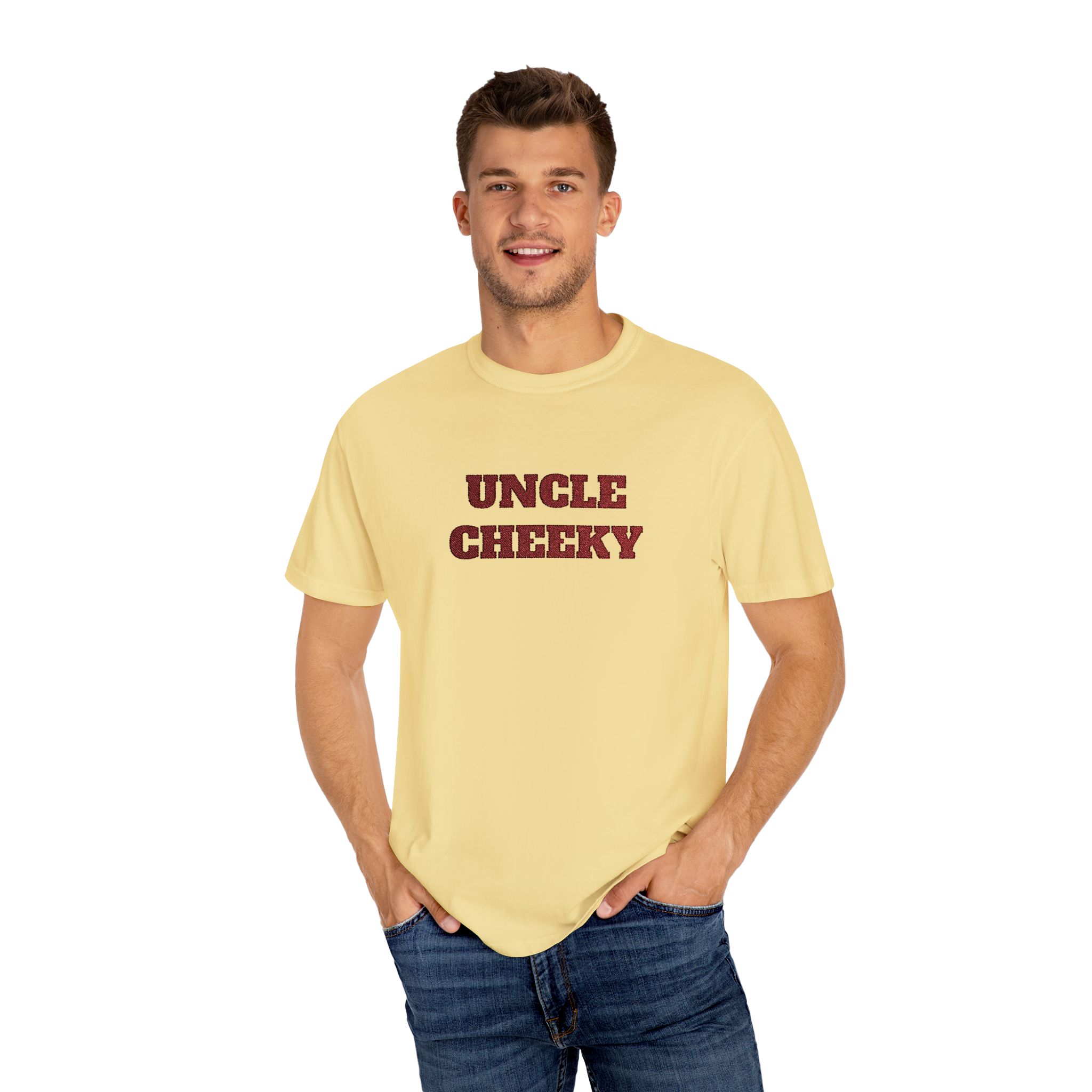 uncle cheeky embroidered unisex garment dyed t shirt uncle cheeky embroidered unisex garment dyed t shirt