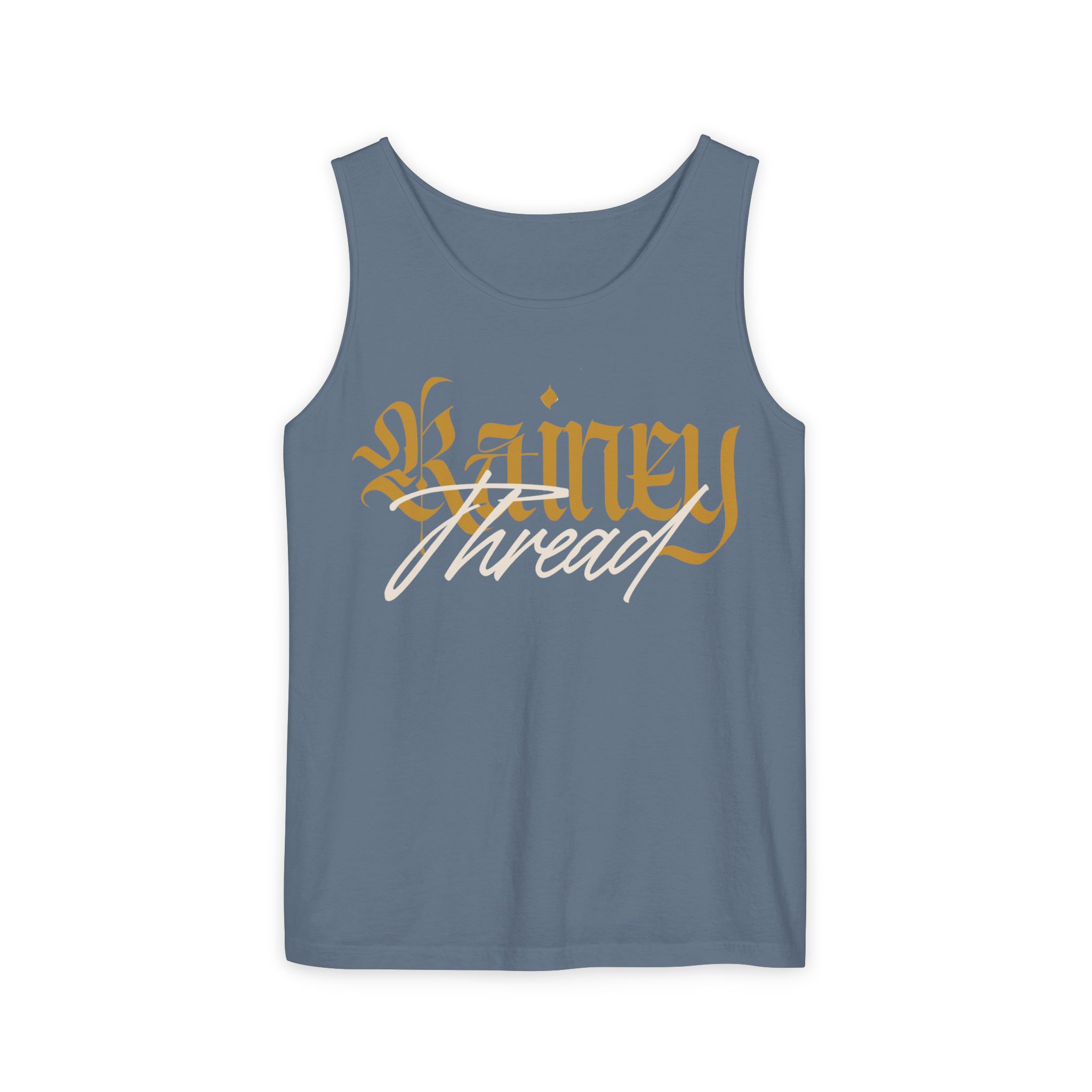 unisex garment dyed tank top with rainey thread design, casual summer wear, beach vibes, gift for him/her, yoga top unisex garment dyed tank top with rainey thread design, casual summer wear, beach vibes, gift for him/her, yoga top