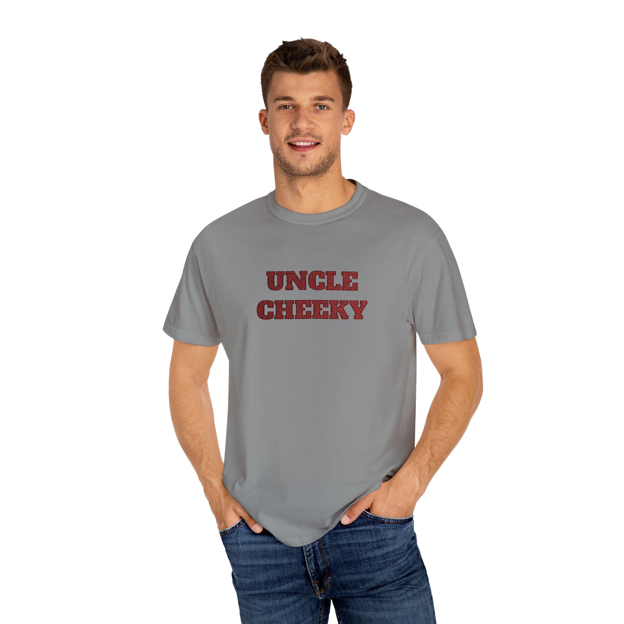 uncle cheeky embroidered unisex garment dyed t shirt uncle cheeky embroidered unisex garment dyed t shirt