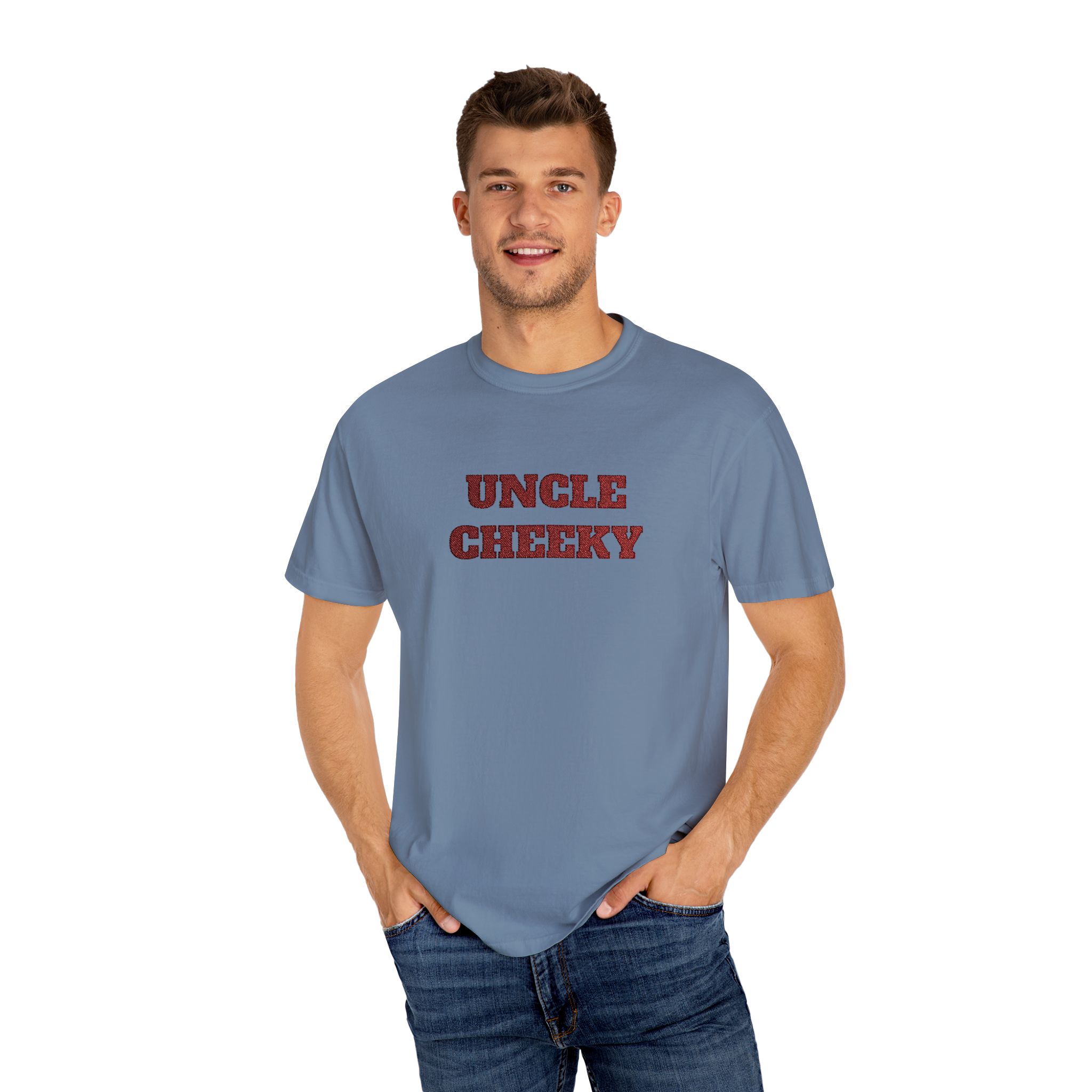 uncle cheeky embroidered unisex garment dyed t shirt uncle cheeky embroidered unisex garment dyed t shirt